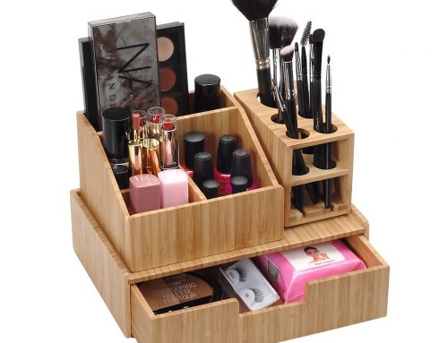 Bamboo Countertop Makeup Organizers with Drawers and Makeup Brush Holder for Storing Beauty Products, Cosmetics, Jewelry, or Toiletries